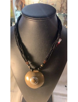 collier en pierre Onyx noir & pendentif cuivre & laiton (Inde)